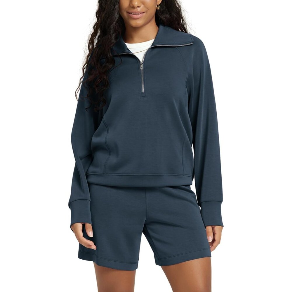 Women's Navy Pullover Soft Half-Zip Sweatshirts for Long Sleeve Relaxed Fit